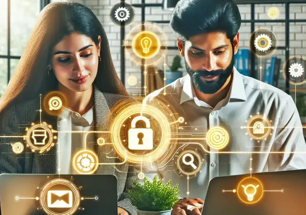 "Team collaborating using online productivity tools on laptops and tablets to enhance efficiency and streamline workflows"