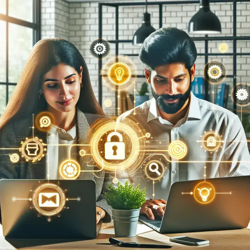 "Team collaborating using online productivity tools on laptops and tablets to enhance efficiency and streamline workflows"