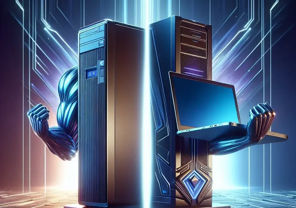 "Side-by-side comparison of a high-performance desktop and a sleek laptop, showcasing their specifications and performance features for a detailed analysis in the article 'Desktop vs Laptop Performance: Which One Reigns Supreme in 2023?'"