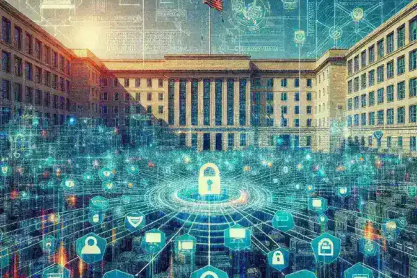 "Secure government telecommunications system infrastructure with encrypted data communication, showcasing advanced technology and cybersecurity measures to protect sensitive information."
