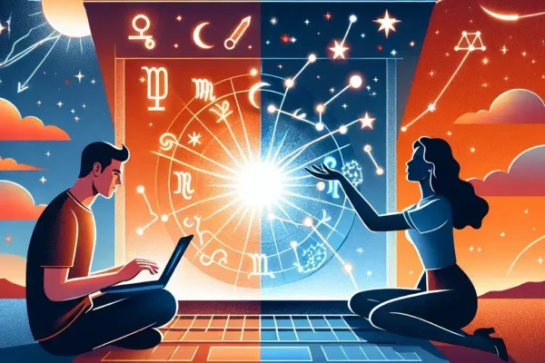 "Person using a laptop to design a user-friendly astrology blog layout, showcasing astrological symbols and charts, illustrating the process of creating a blog without coding skills."