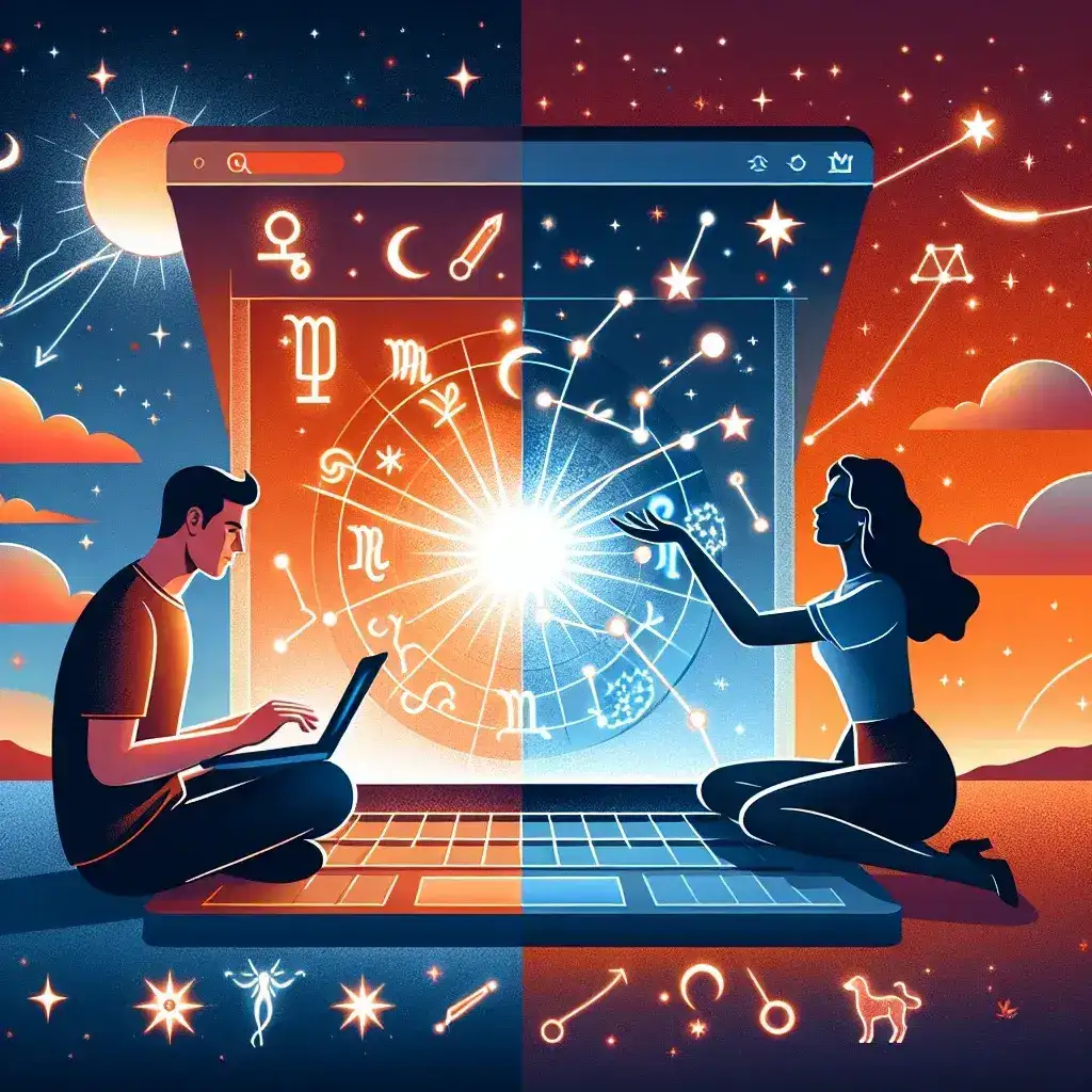 "Person using a laptop to design a user-friendly astrology blog layout, showcasing astrological symbols and charts, illustrating the process of creating a blog without coding skills."