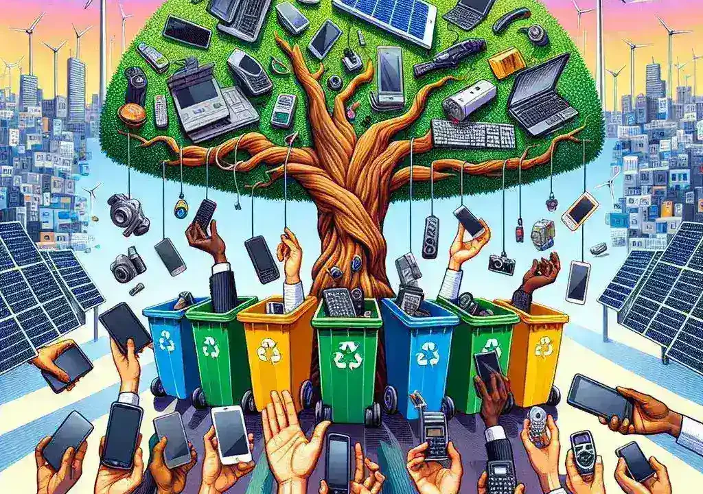 "Man recycling old electronics at an e-waste facility to promote sustainable practices for a greener future."