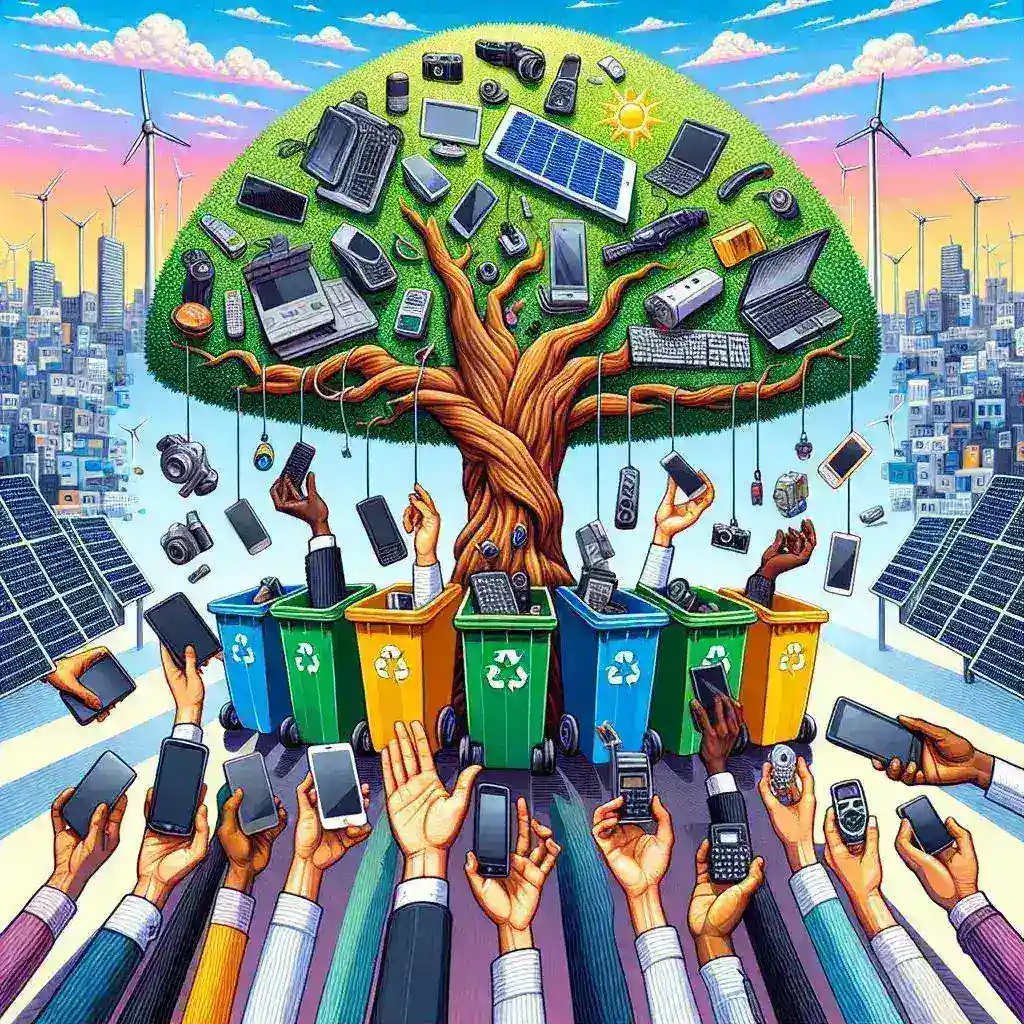"Man recycling old electronics at an e-waste facility to promote sustainable practices for a greener future."