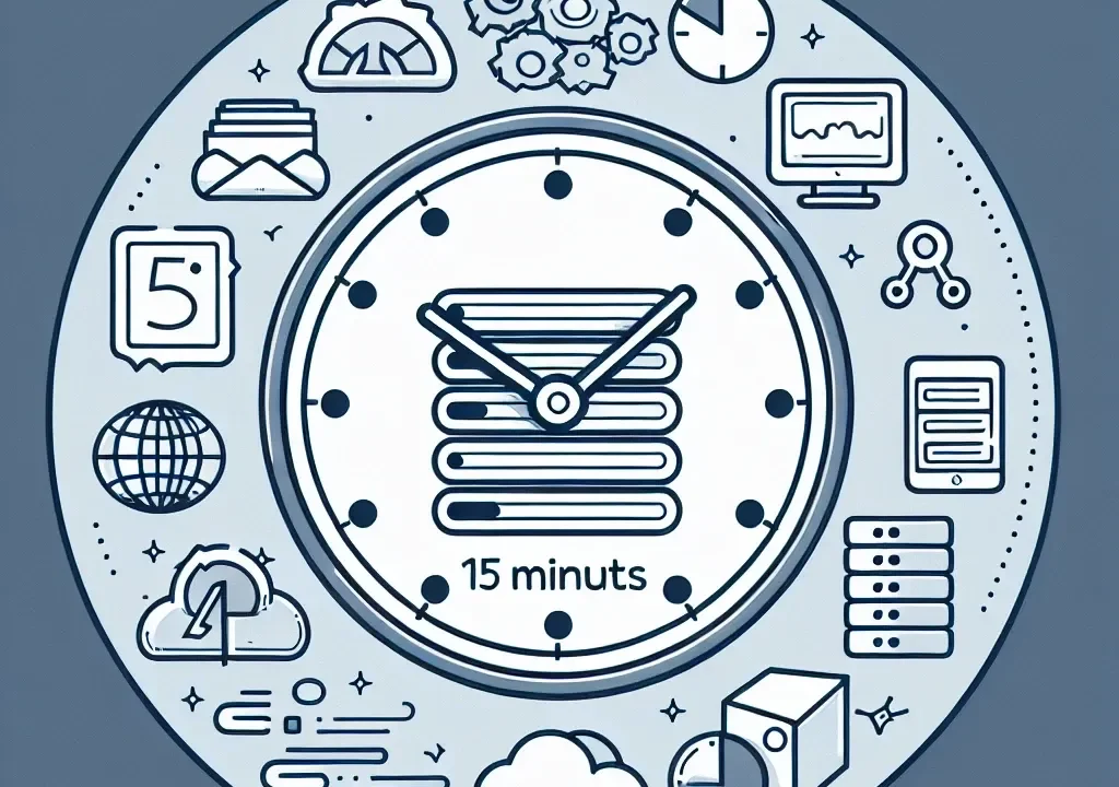 "Step-by-step guide illustrating the deployment process of a web app to AWS in 15 minutes, showcasing AWS dashboard features and deployment tools."