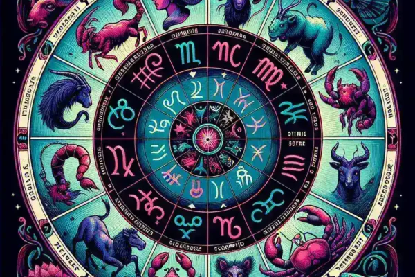 "Interactive zodiac wheel design showcasing all 12 astrological signs with vibrant colors and engaging features, perfect for enhancing user experience on a website about astrology."
