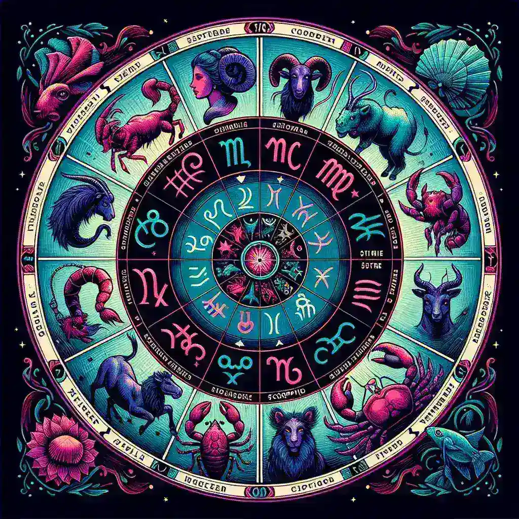 "Interactive zodiac wheel design showcasing all 12 astrological signs with vibrant colors and engaging features, perfect for enhancing user experience on a website about astrology."